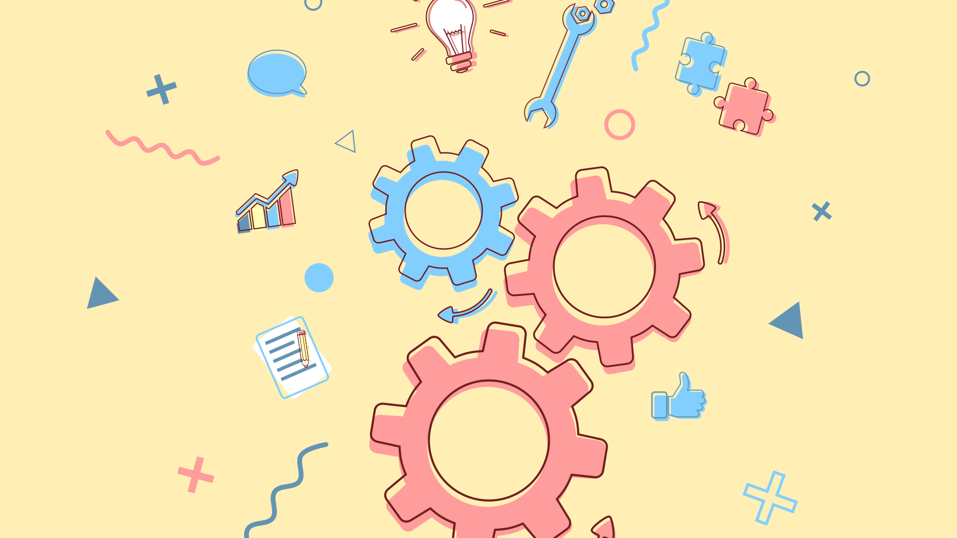 Cartoon image showing cogs, puzzle pieces, spanners etc