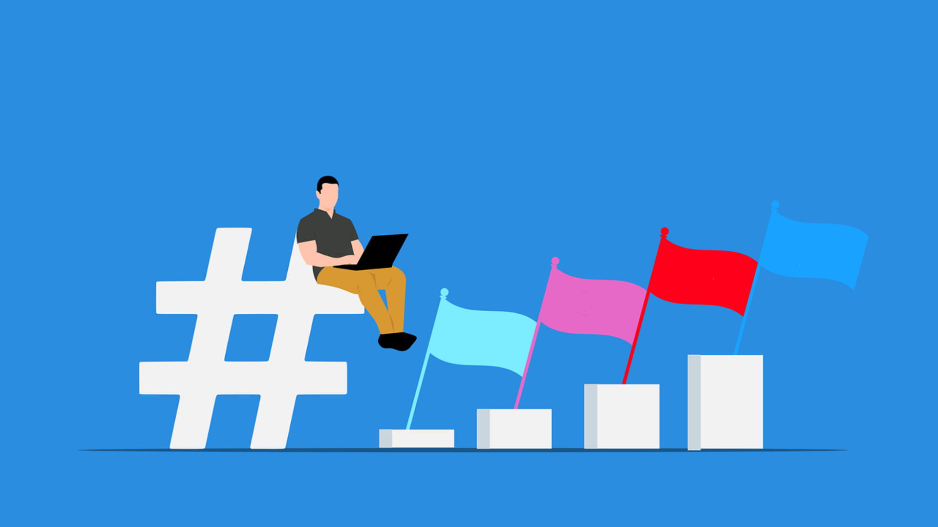 Cartoon image of a man sitting on a hashtag with a laptop