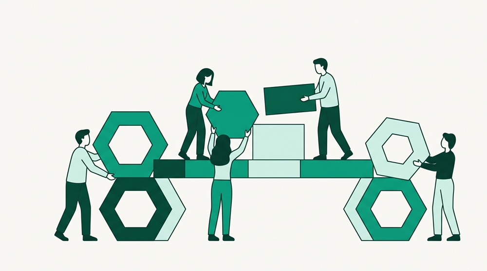 A flat vector illustration showing stylized figures building a bridge out of emerald green modular blocks on an off-white background.