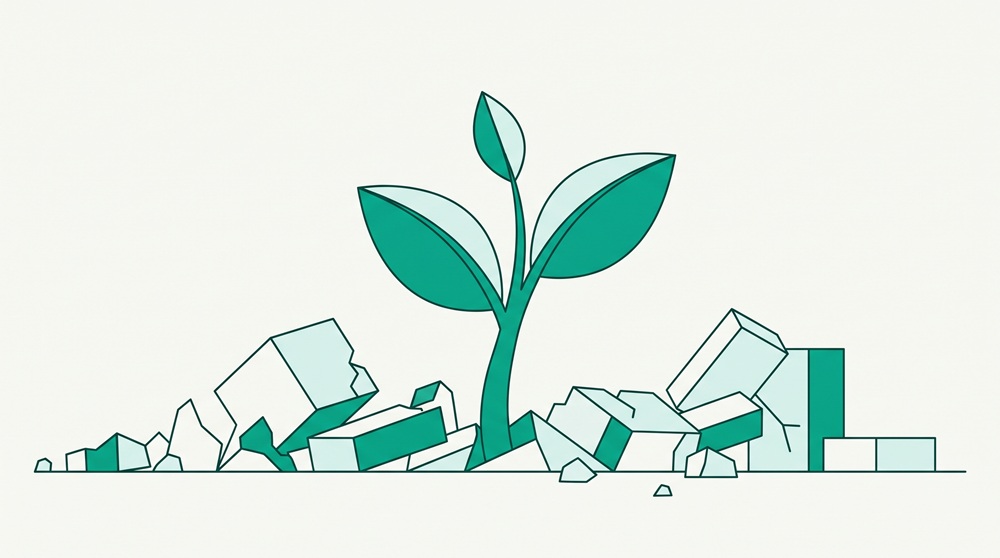 A semi-flat vector illustration of crumbling grey geometric blocks with a single, vibrant green seedling emerging robustly from the center, set against an off-white background.