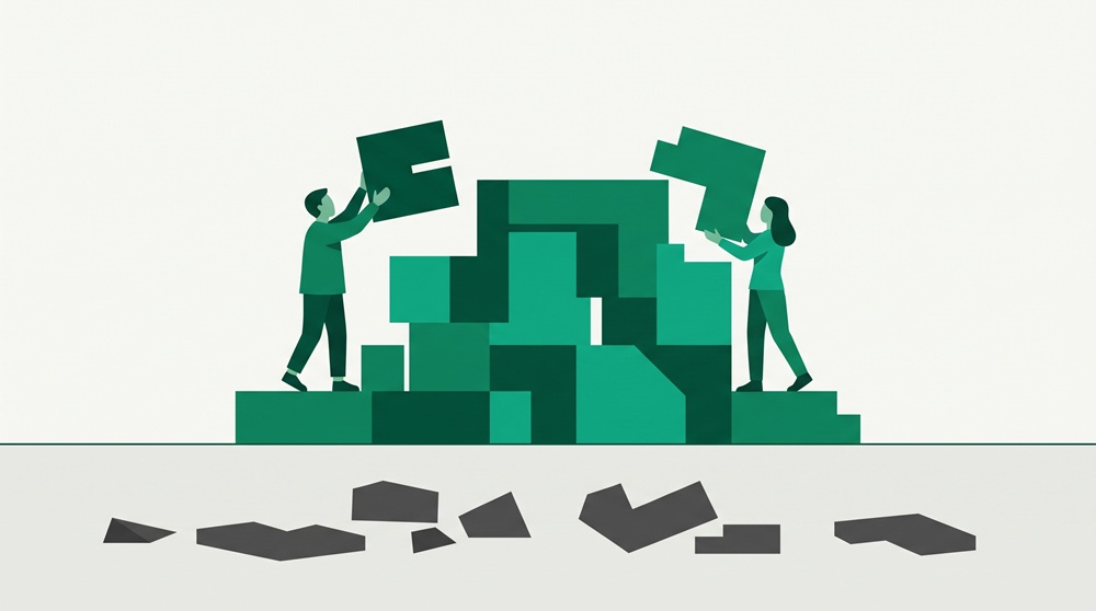 A semi-flat geometric illustration showing stylized green figures building a large structure, with mismatched dark grey blocks lying discarded in the foreground, set against an off-white background.