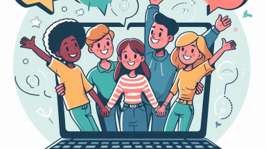 Cartoon people popping out of a laptop screen