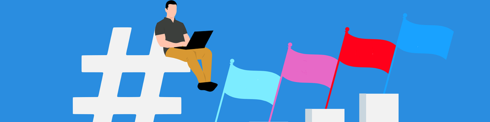 Cartoon image of a man sitting on a hashtag with a laptop
