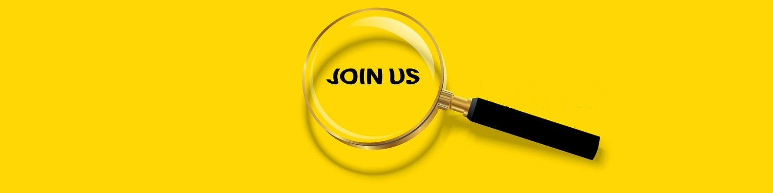 Magnifying glass reading "join us"