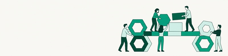 A flat vector illustration showing stylized figures building a bridge out of emerald green modular blocks on an off-white background.