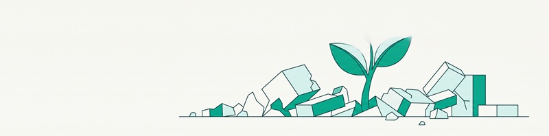 A semi-flat vector illustration of crumbling grey geometric blocks with a single, vibrant green seedling emerging robustly from the center, set against an off-white background.
