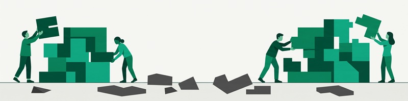 A semi-flat geometric illustration showing stylized green figures building a large structure, with mismatched dark grey blocks lying discarded in the foreground, set against an off-white background.
