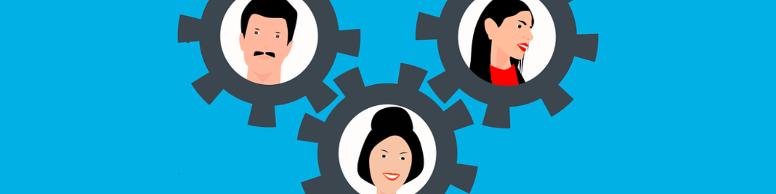 Three cogs with people's faces inside