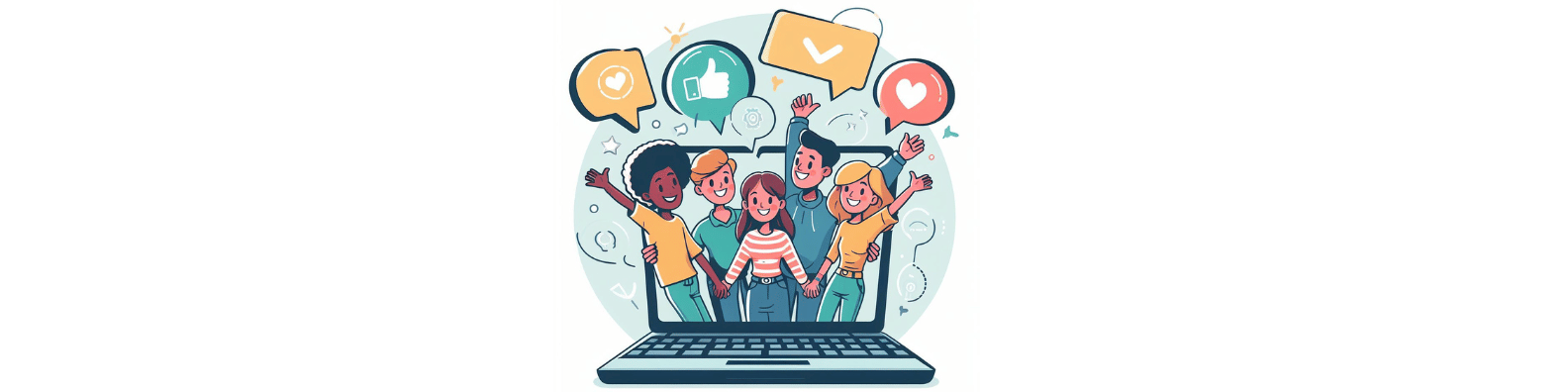 Cartoon people popping out of a laptop screen
