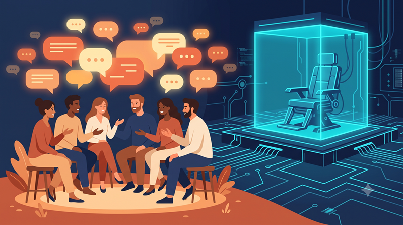 illustration showing the evolution of human connection: transitioning from ancient symbols and a warm, diverse group of people talking in person on the left, to a cold, glowing digital infrastructure with an empty high-tech chair and server racks on the right.
