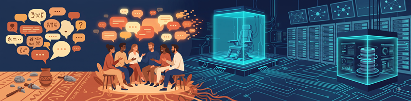 illustration showing the evolution of human connection: transitioning from ancient symbols and a warm, diverse group of people talking in person on the left, to a cold, glowing digital infrastructure with an empty high-tech chair and server racks on the right.