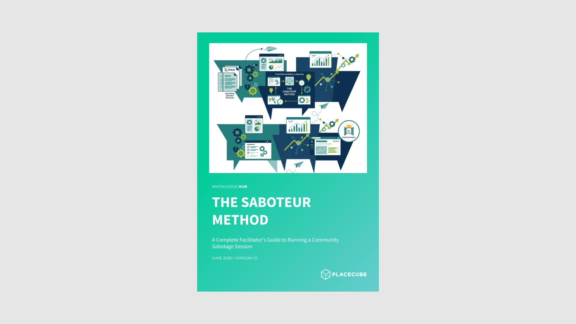 The Saboteur Method,' featuring abstract imagery related to community strategy, workshop facilitation, and strategic planning