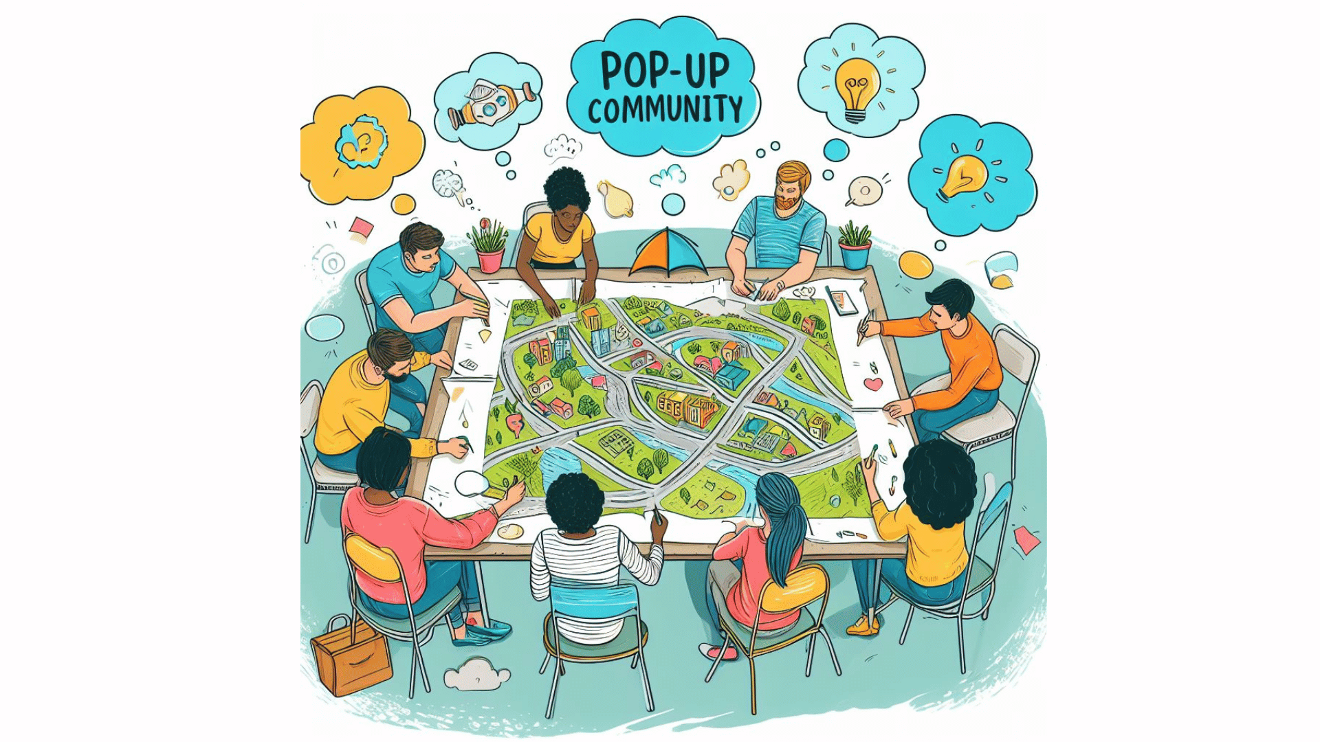 A cartoon image of a team designing a community  
