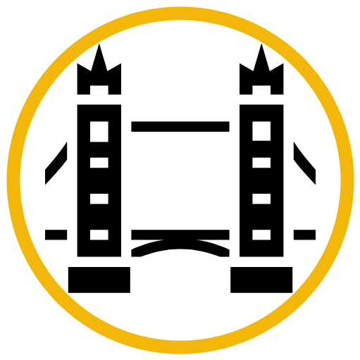 A silhouette of Tower Bridge with a circular yellow border