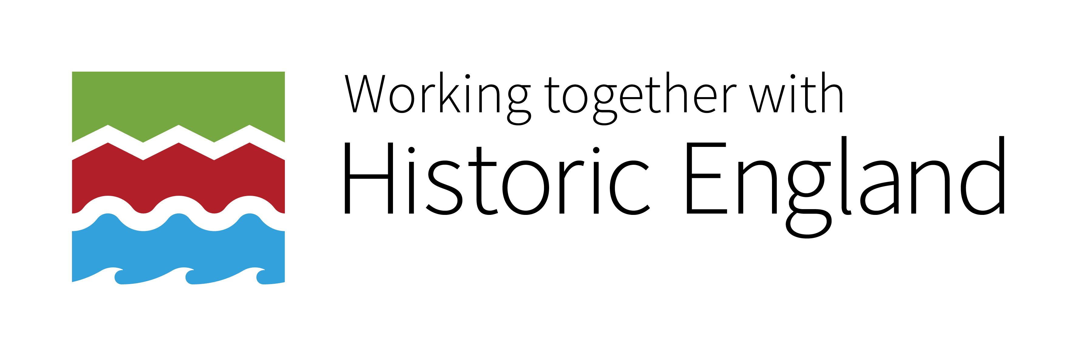 The Historic England logo in blue, red, and green, with the text 'Working together with Historic England'