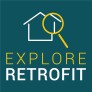 A dark green background with a line illustration of a magnifying glass over a house. The group name 'Explore Retrofit' is in white and orange text below.