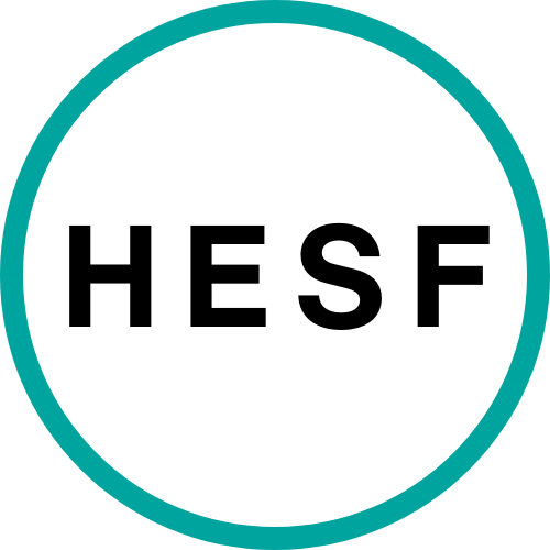 A green circle with black text spelling HESF in the centre