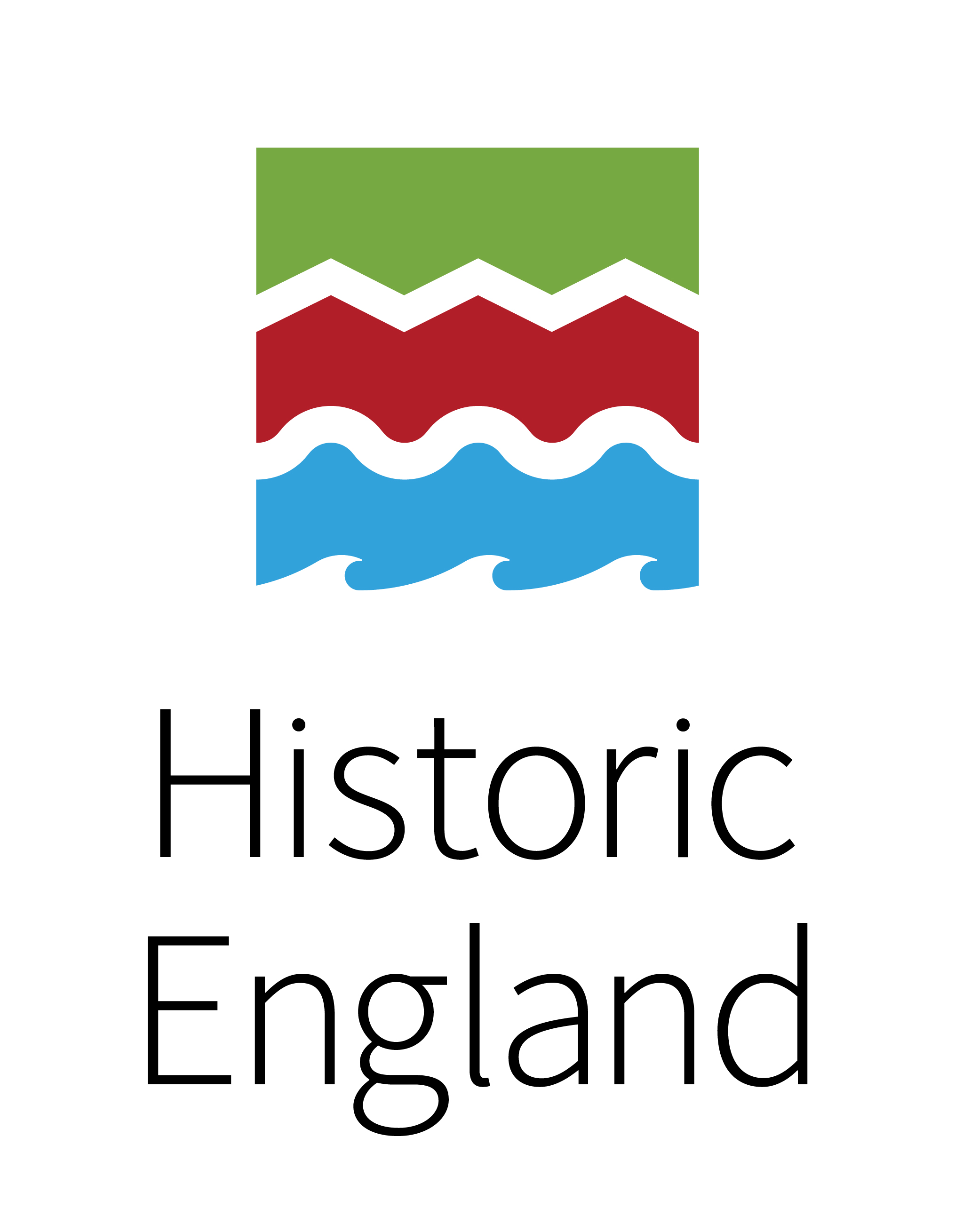 The Historic England logo showing a landscape silhouette in red, blue, and green.