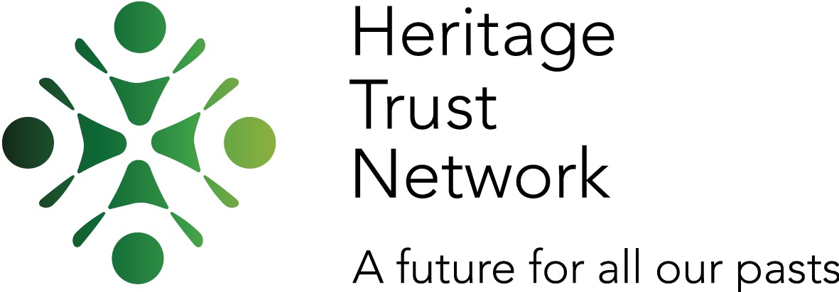 black text reading 'heritage trust network, a future for all our pasts' on a white background with a green logo