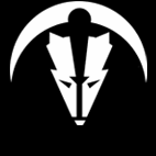 A white badger logo with black background