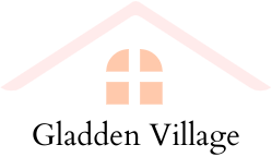 A pale orange silhouette of a roof and window. 'Gladden Village' in black text underneath.