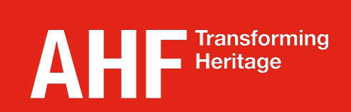 A bright red background. Large white text reads 'AHF'. Next to this on the right, in much smaller writing, reads 'Transforming Heritage'.