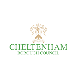 Green capitalised text reads 'CHELTENHAM BOROUGH COUNCIL'. Above this in gold is a line drawing of the coat of arms for Cheltenham, showing three birds, two books, a Cross, and a tree.