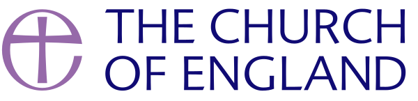 Bold dark blue capitalised text reads 'CHURCH OF ENGLAND'. Beside this on the left is an illustration of a Cross worked into a lowercase letter 'e' in mauve.