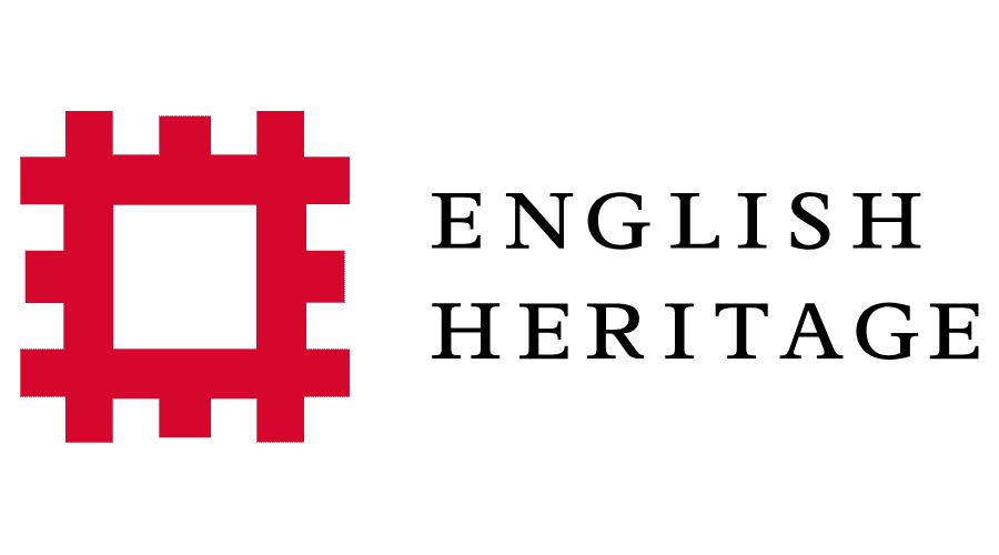 Black capitalised writing reads 'English Heritage'. Beside this on the left is a red stamp-like shape, showing a square with smaller squares jutting out of it on each side.