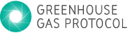 Grey capitalised bold text reads 'GREENHOUSE GAS PROTOCOL'. Beside this on the left is a green circle, with a white hole in the middle, emitting light. 