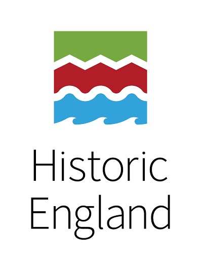 Black text reads 'Historic England'. Above this are three shaped lines stacked on top of each other. The bottom one, which is blue, is shaped like sea waves. In the middle is a red line with curves on the bottom and zig-zags on the top. Above this is a green shape with zig-zags on the bottom to connect to the middle stripe, and then ending in a flat line at the top. These lines form a rectangle shape together.
