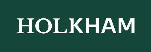 The word 'HOLKHAM' in a bold white typeface against an emerald green background.
