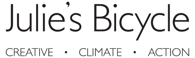 Thin black text reads 'Julie's Bicycle'. Below this in black text reads the tagline in bold capitals 'Creative. Climate. Action.'