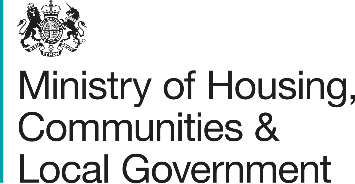 A teal blue line on the left, bordering a government crest, and 'Ministry of Housing, Communities and Local Government' in black text