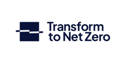 The words 'Transform to Net Zero' are shown in dark blue. Beside this, to the left, is an image of a dark blue square with intersecting lines through it, which turn white upon touching the square.