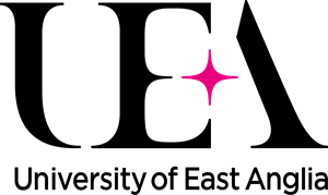 Bold back text spells out the letters 'UEA'. The point between the 'E' and 'A' meet is over layed by a hot pink star shape. Below these bold letters, in a smaller font, reads 'University of East Anglia