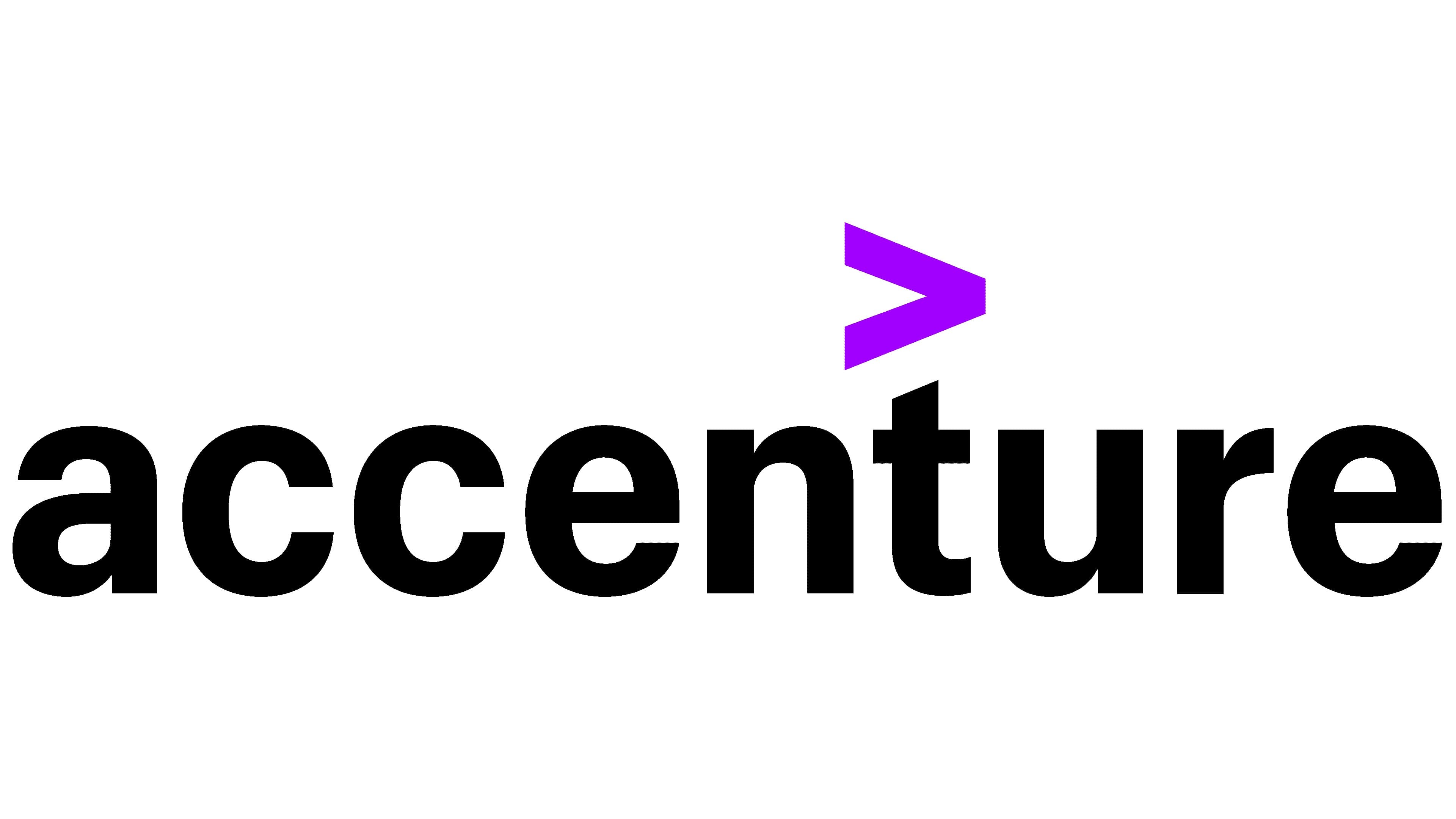 Black lower case text reads 'accenture', set against a white background. Above the letter 't' is a purple greater-than-sign, similar to an arrowhead, pointing to the right.