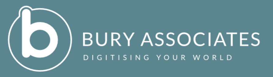 A tea background. White words in thin capital letters reads 'BURY ASSOCIATES'. Below this in smaller capita letters reads 'digitising your word'. On the left, in a circle, is a large lower case letter 'b'.
