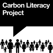 A black speech bubble that reads 'Carbon Literacy Project' in bold text. Below this are simple illustrated people in the style of stick figures. Some are individual people, some are families, some are wheelchair users.