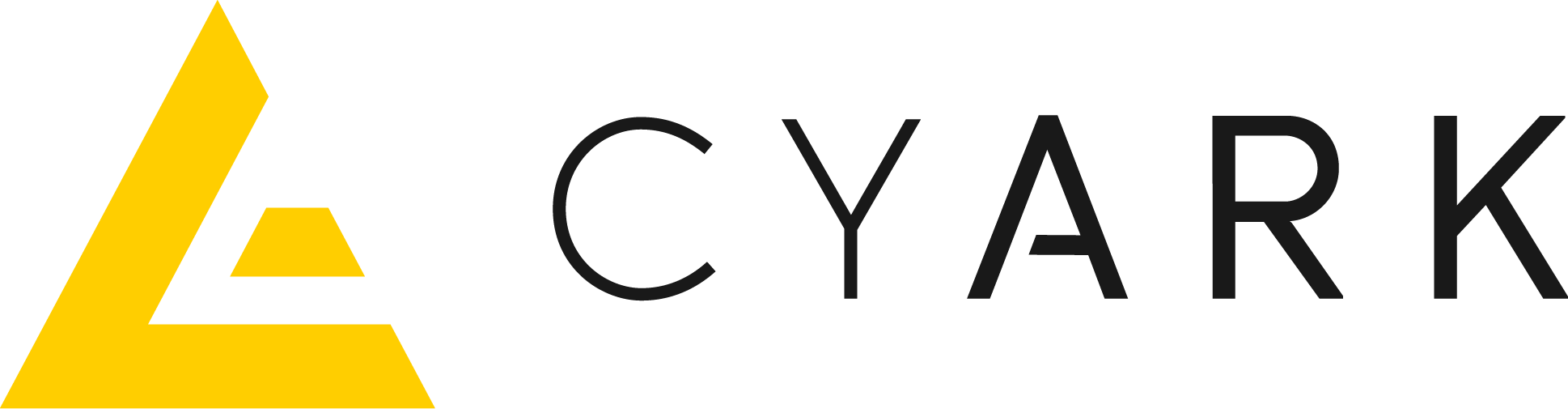 Bod capitalised writing reads 'CYARK'. The 'ark' section of the word is significantly bolder. To the left of the writing is a yellow triangle pattern that makes a shape resembling the letter 'A' in negative space.