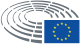 A circular outline of an grey oval disk is shown, representing the circular layers of seats that are in the European Parliament. Next to this is the European Union flag, a dark blue background with a circle of yellow stars in the middle.