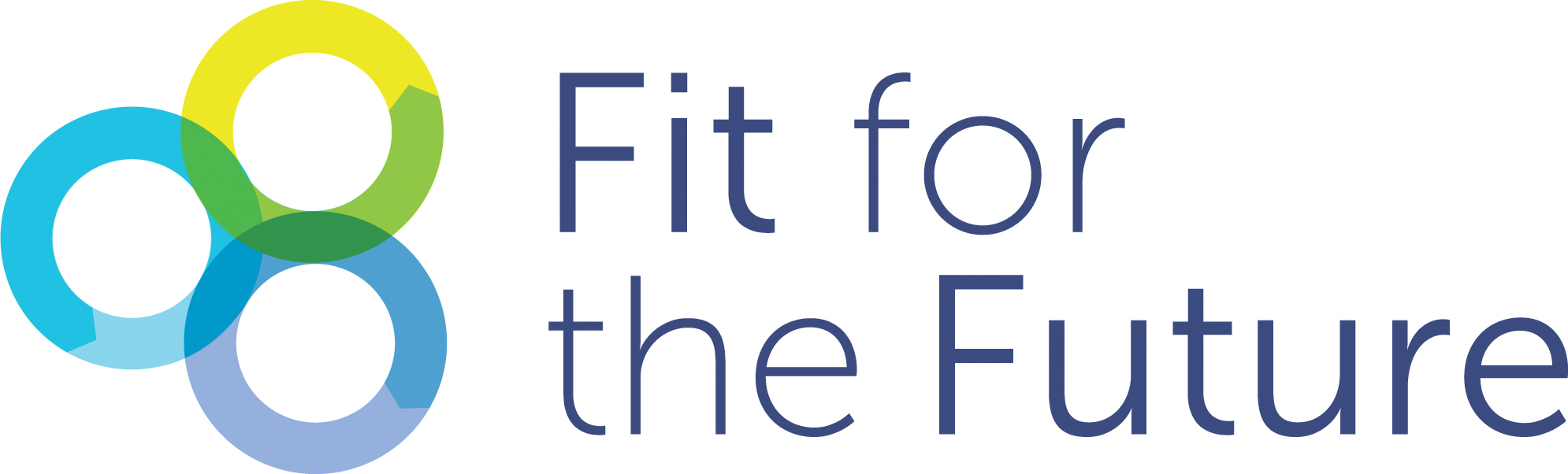 Blue text reads 'Fit For The Future'. The words 'Fit' and 'Future' are highlighted in bold. To the left of this are three interconnecting colourful circles of yellow, turquoise, and blue.