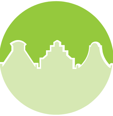 A green circle. The bottom half of the circle is a paler green, and shows the outline of buildings, similar to a skyline. This is outlined in white for contrast to the darker green above.