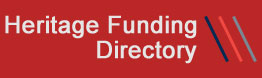 A red background with white text against it which reads 'Heritage Funding Directory'. Next to this on the right are three ones in the shape of backward-slashes, one is dark blue, one is orange-red, and the other is grey.