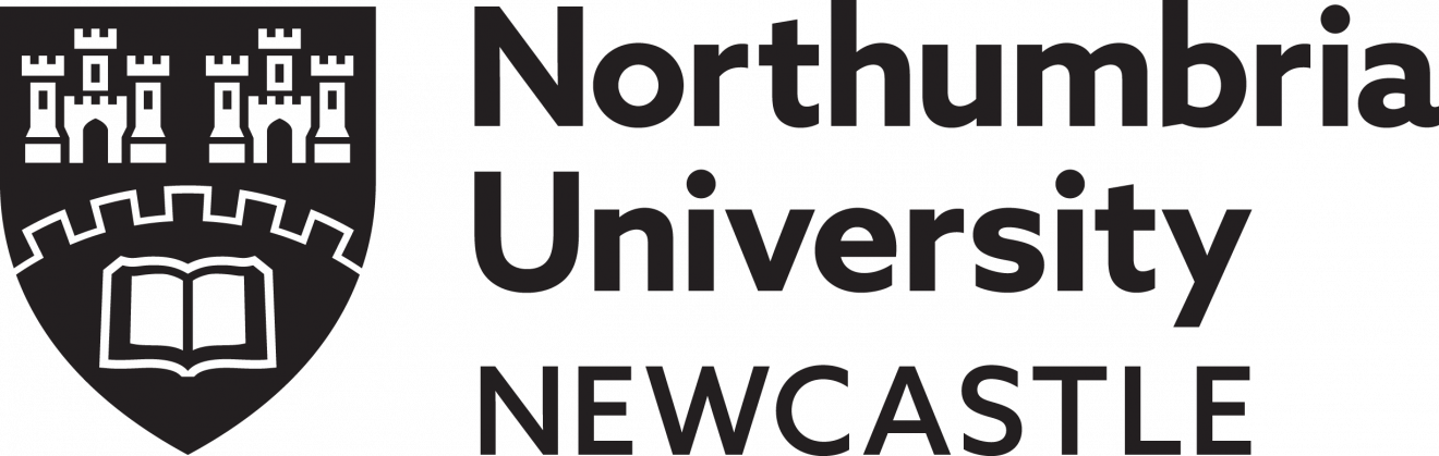 A white shield showing details of two castle gates and an open book in black. Beside this on the right reads 'Northumbria University' in bold white text, and 'NEWCASTLE' in slimmer capital letters beneath this.