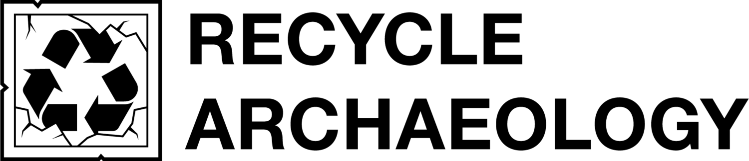 Black, bold capitalised text reads 'RECYCLE ARCHAEOLOGY'. Next to this, on the left, is a black illustration of a recycle sign, comprised of arrows in the shape of a triangle, set against a square with cracks in it, similar to a broken windowpane.