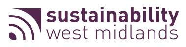 Dark purple text reads 'sustainability west midlands'. The word 'sustainability' is written in bold. Beside this on the left is a purple image of curved lines emitting from a source, similar to a wifi symbol.
