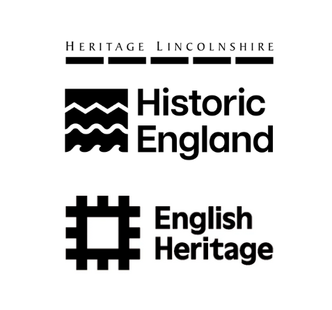 Logos of Heritage Lincolnshire, Historic England, and English Heritage Trust