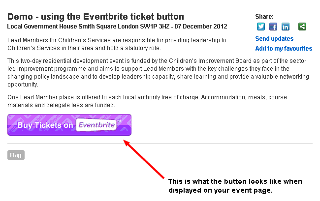 screen capture of demo event with eventbrite button embedded